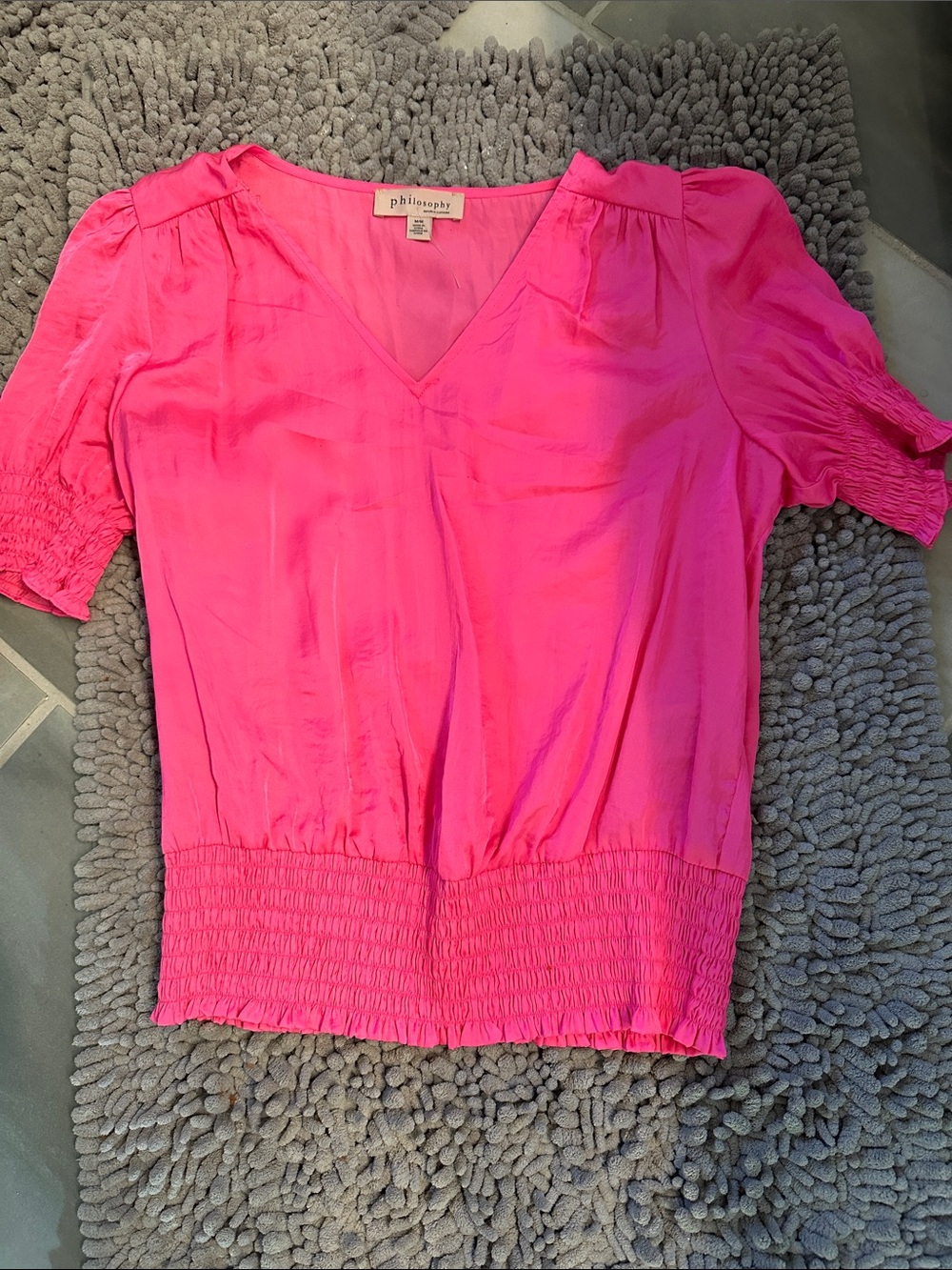NWOT V-Neck Hot Pink Smocked Waist short sleeve Blouse